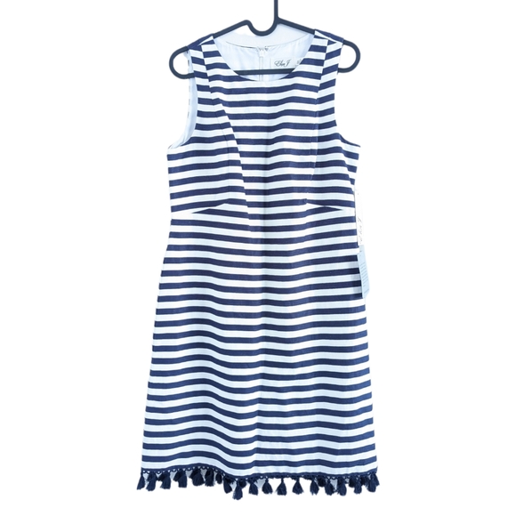 ELIZA J Navy Blue & White Stripe Tasseled Sleeveless Sheath Dress Size 6 - Picture 2 of 11